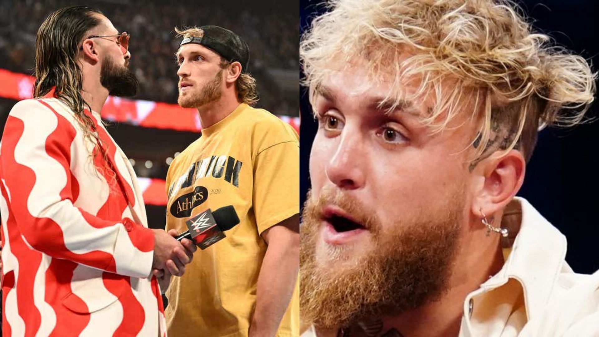 Logan Paul and Seth Rollins on WWE RAW this week (left); Jake Paul (right)