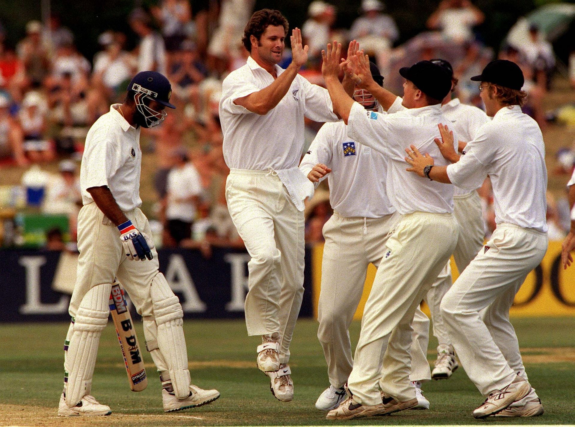 New Zealand bowler Chris Cairns celebrates a wicket.