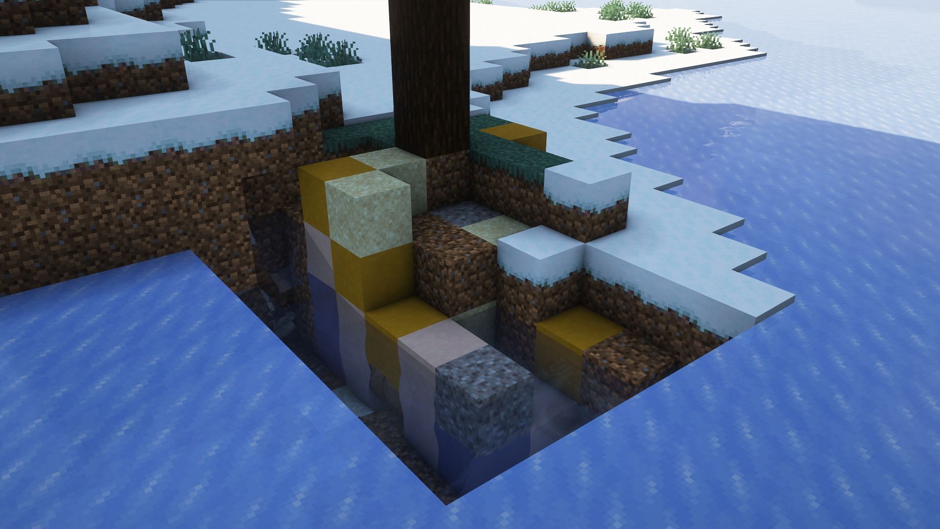 A trail ruin submerged in a frozen lake (Image via Mojang)