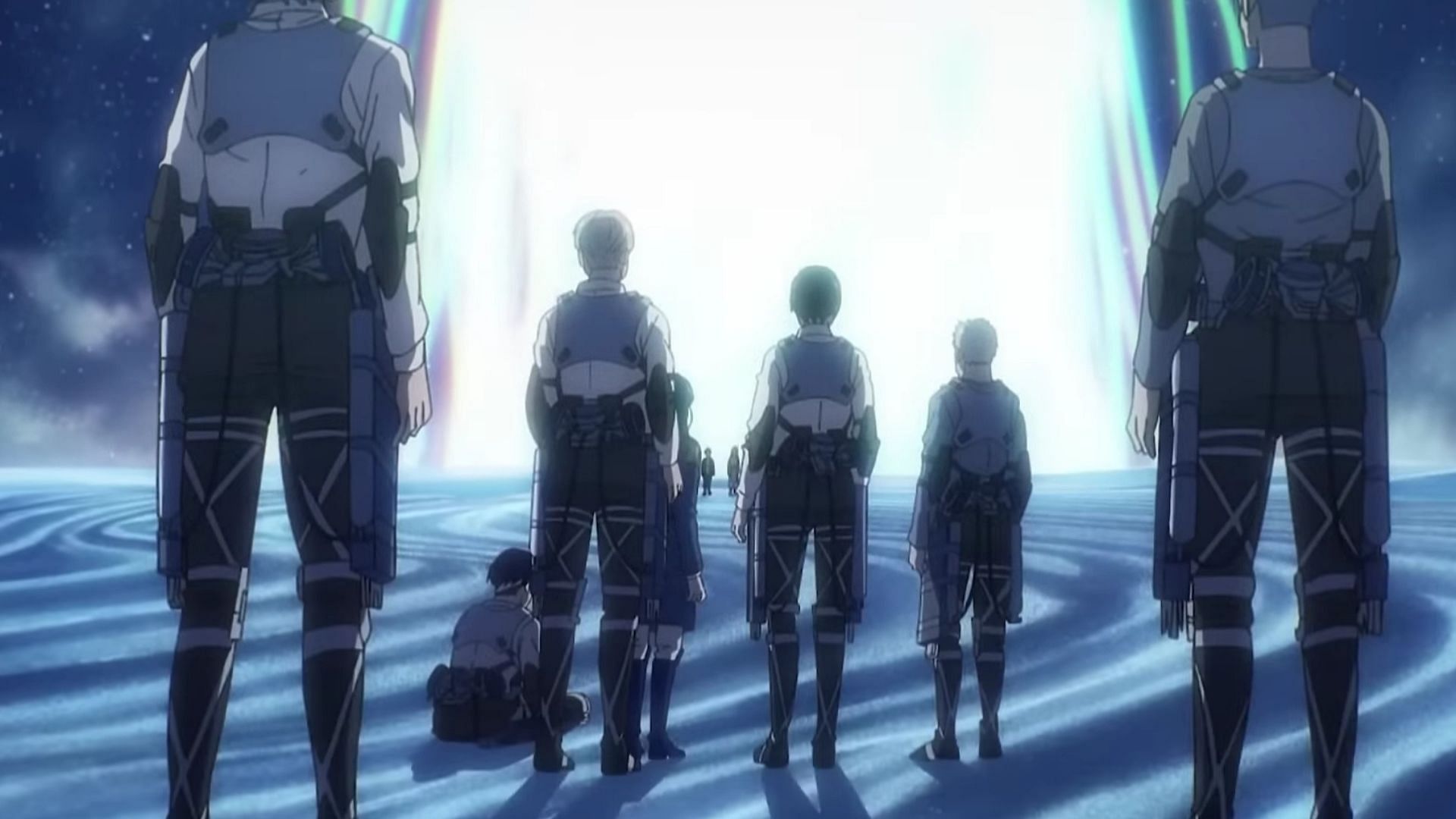 The major characters from the Attack on Titan trailer preparing to face Eren (Image via Studio MAPPA)
