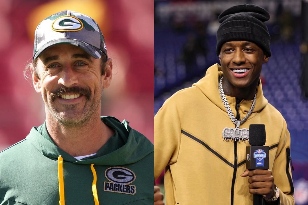 Packers QB Aaron Rodgers (l) being recruited by Jets CB Sauce Gardner (r)