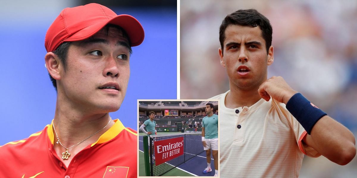 Yibing Wu (L) and Jaume Munar (R); Munar arguing with chair umpire (inset)