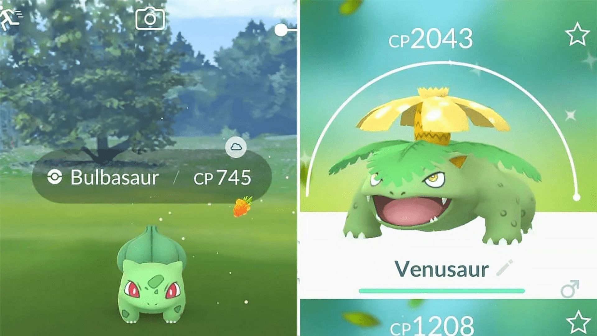 Bulbasaur, Ivysaur, and Venusaur all have shiny variants available to capture (Image via Niantic)