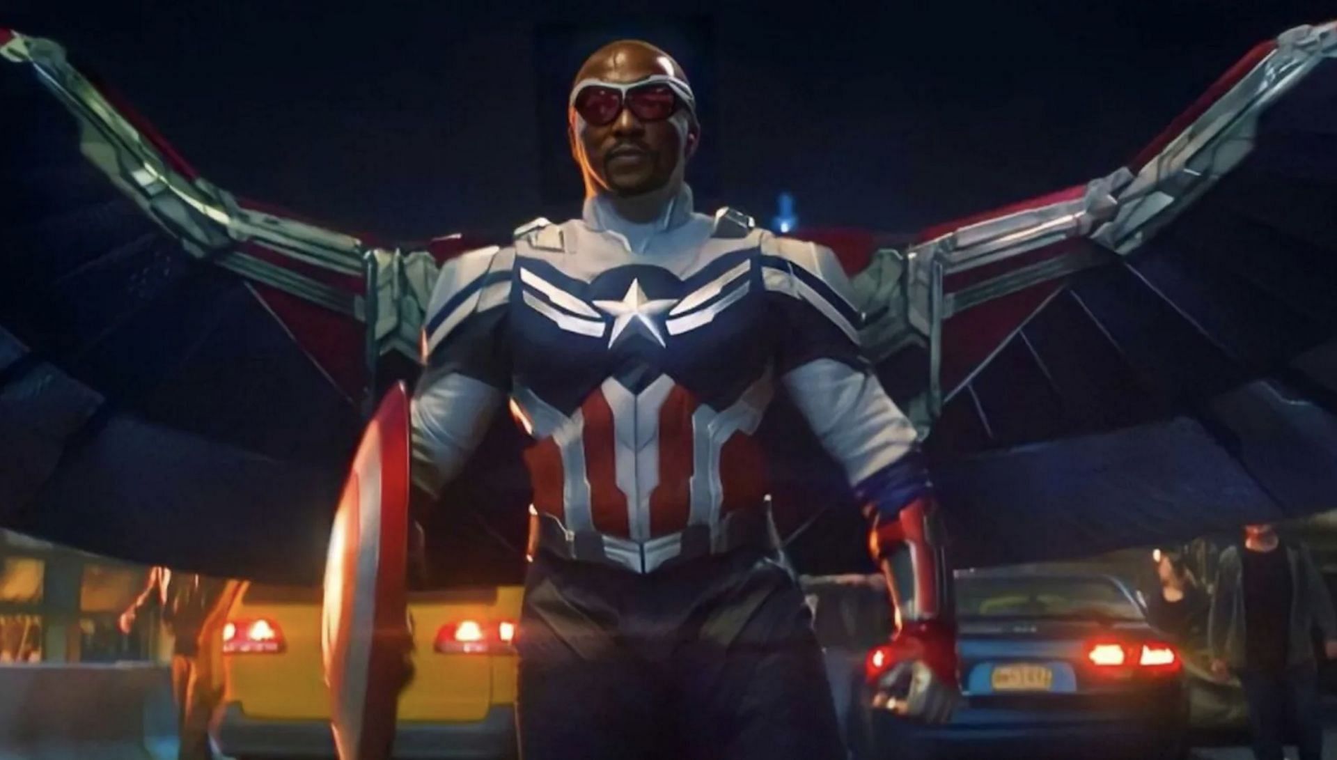 Sam Wilson, played by actor Anthony Mackie, holding the Captain America shield in the Disney+ series The Falcon and The Winter Soldier (Image via Marvel Studios)