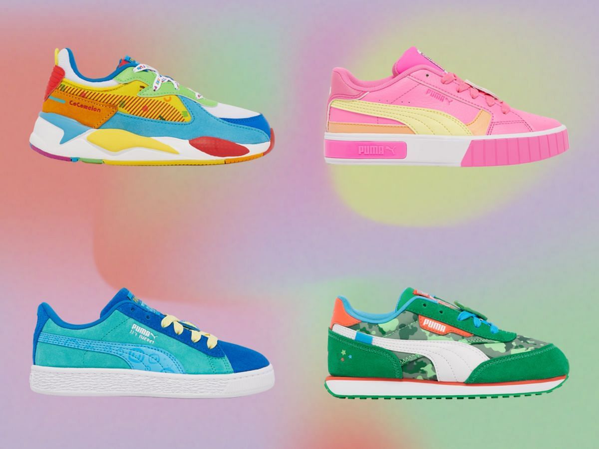 The upcoming Puma x CoComelon collaborative collection features five sneaker makeovers in kids' sizes (Image via Sportskeeda)