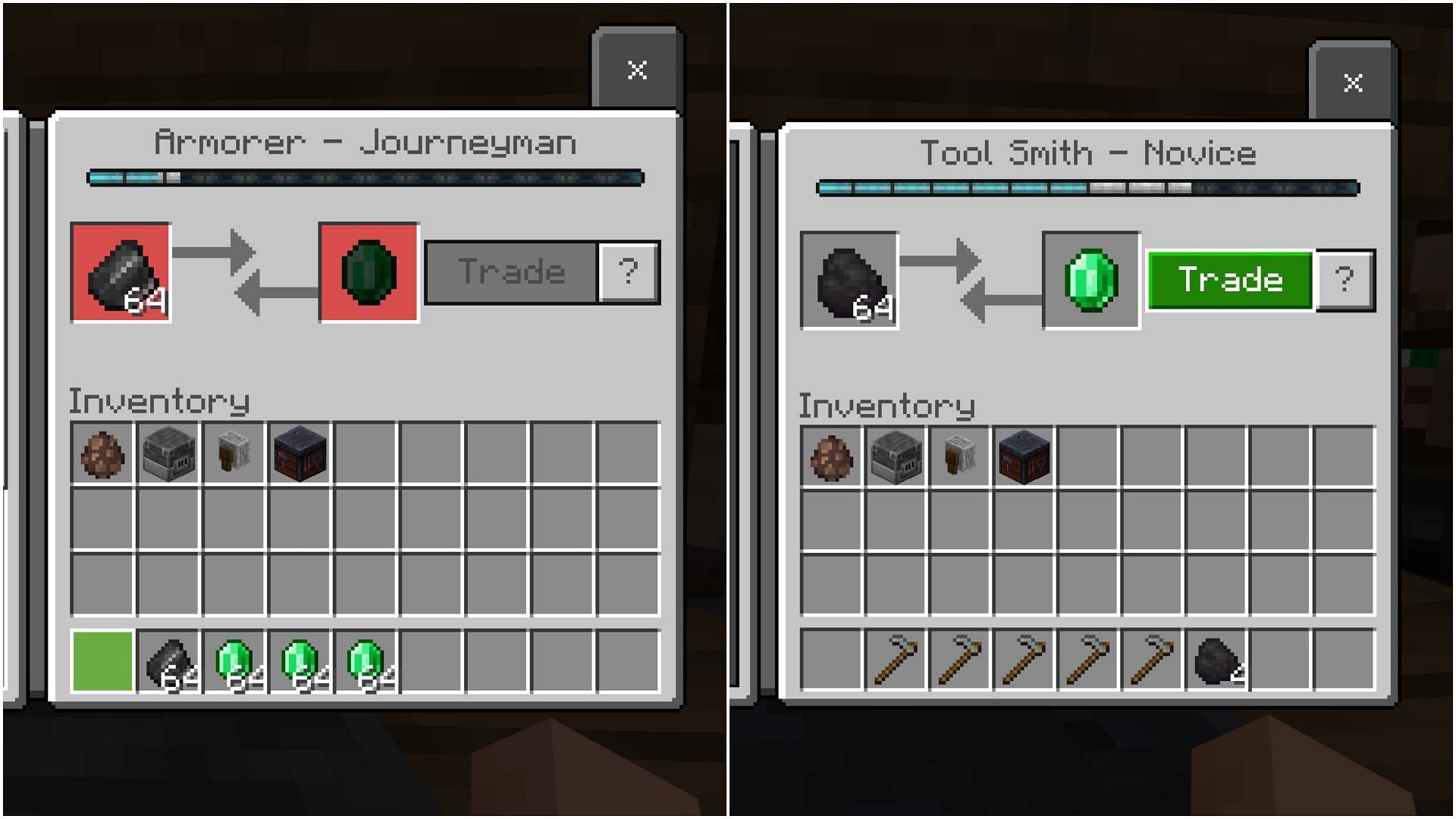 Players must take villager levels to expert or master to get diamond tools from them in Minecraft Bedrock. (Image via Sportskeeda)