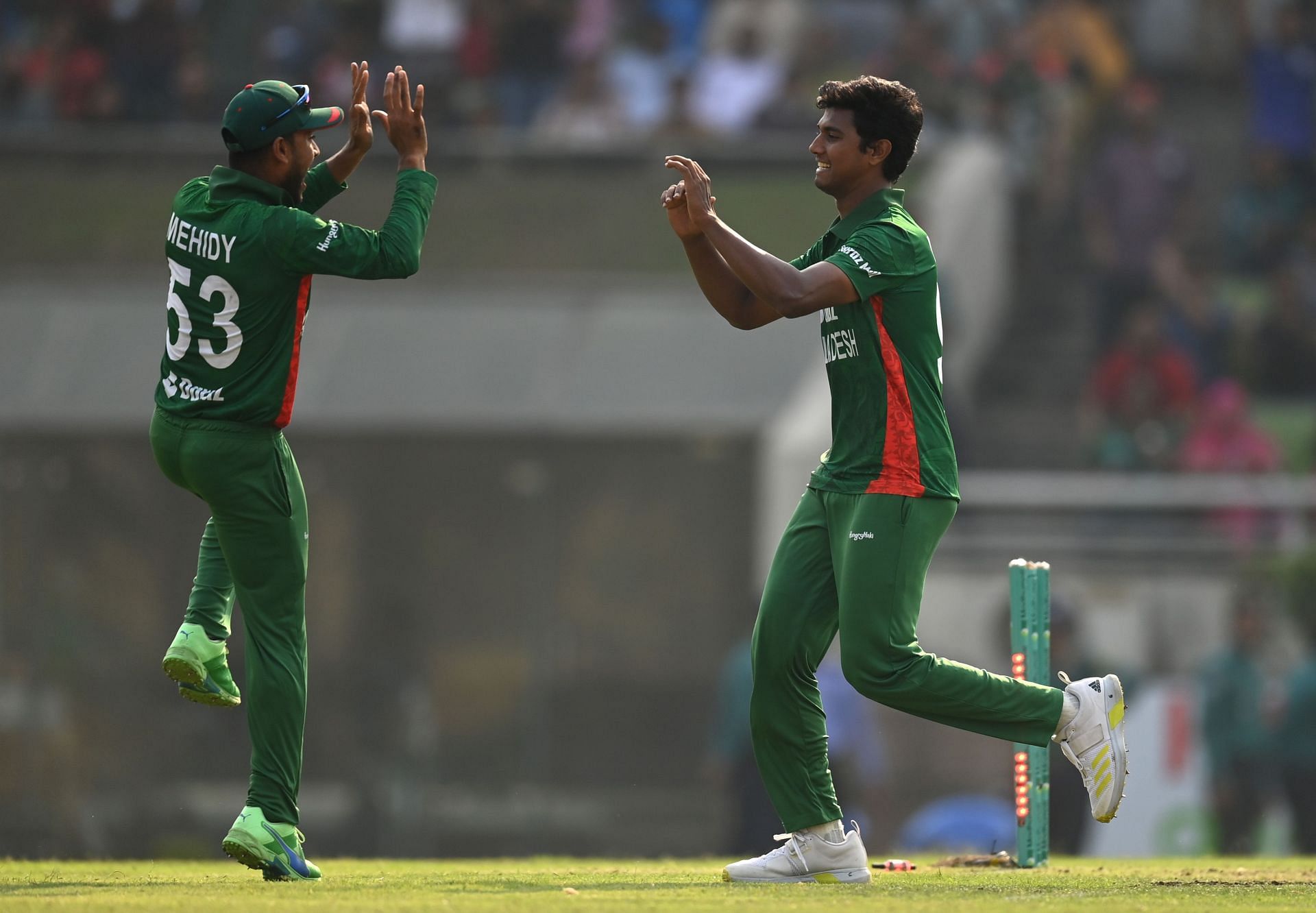 Mehidy Hasan celebrates a wicket. (Credits: Getty)