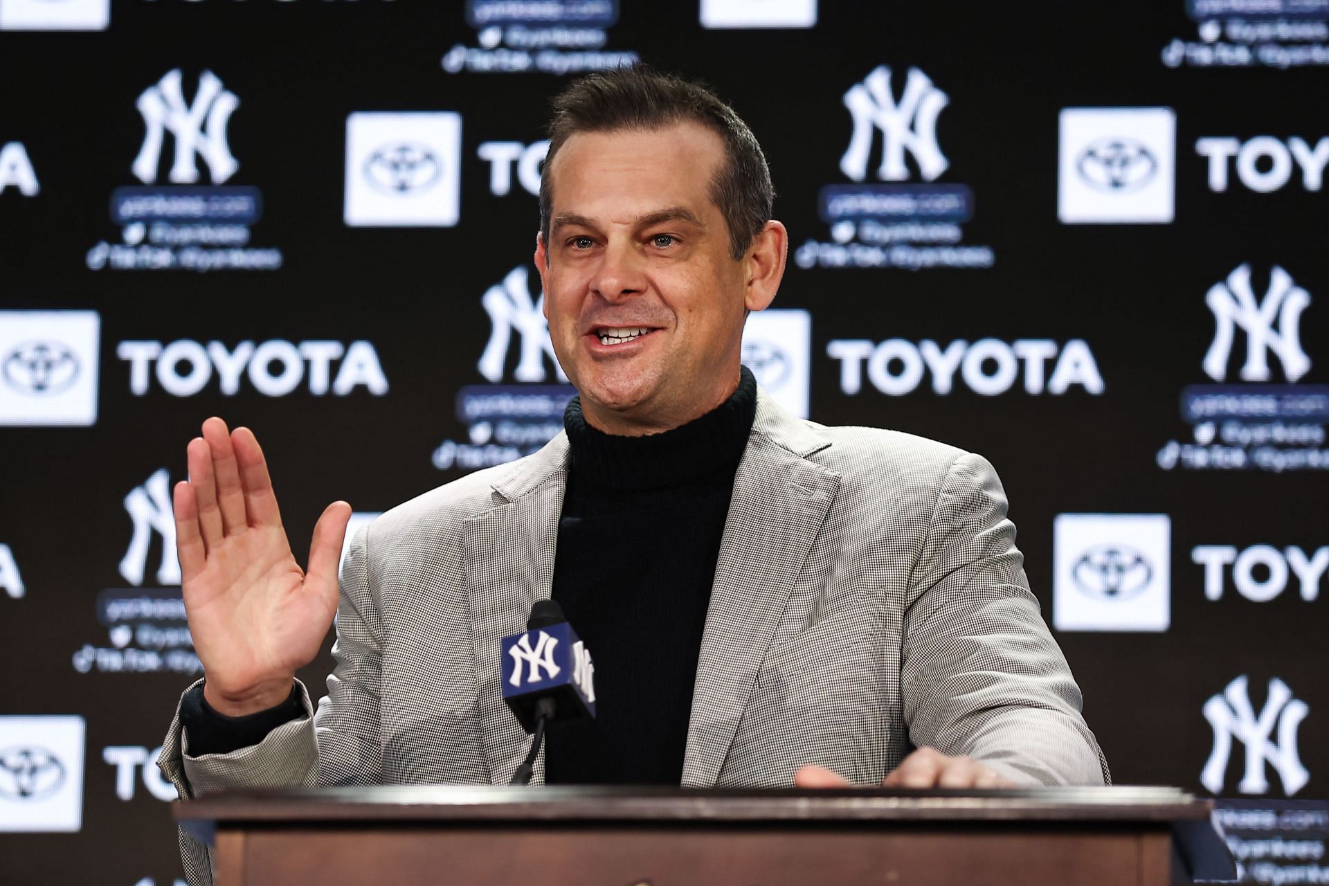New York Yankees manager Aaron Boone speaks to the media