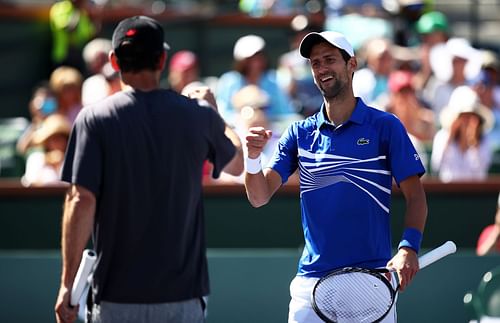 Novak Djokovic and Pete Sampras during the 2019 Indian Wells Masters