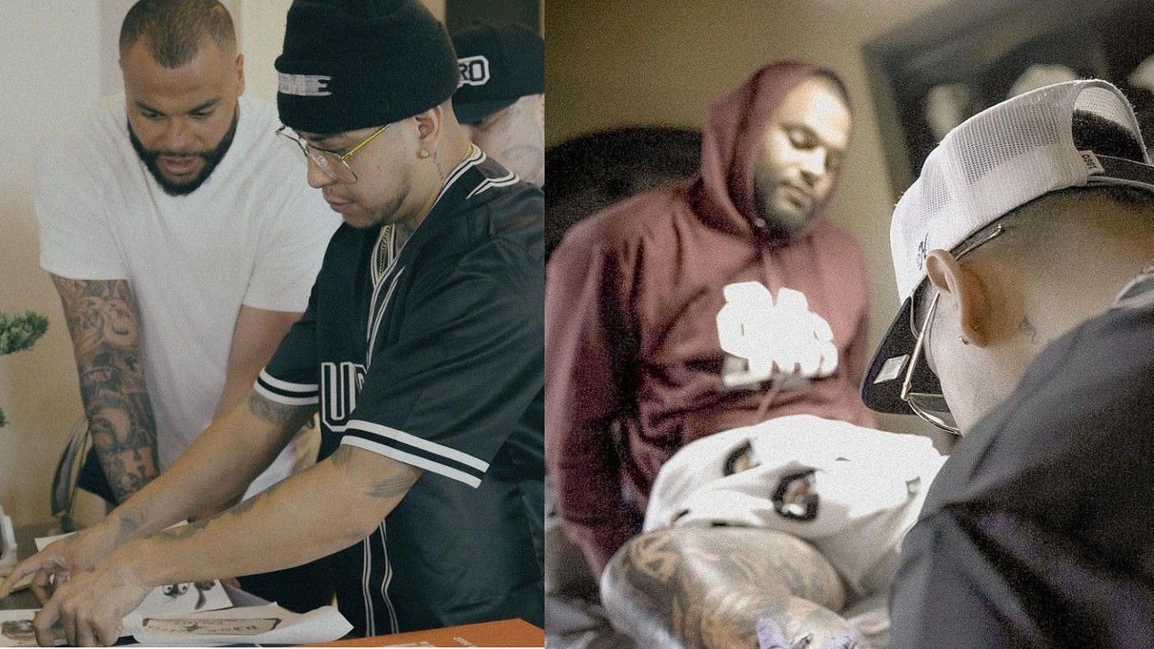 Dak Prescott before and during the process of getting his newest tattoo on his leg.