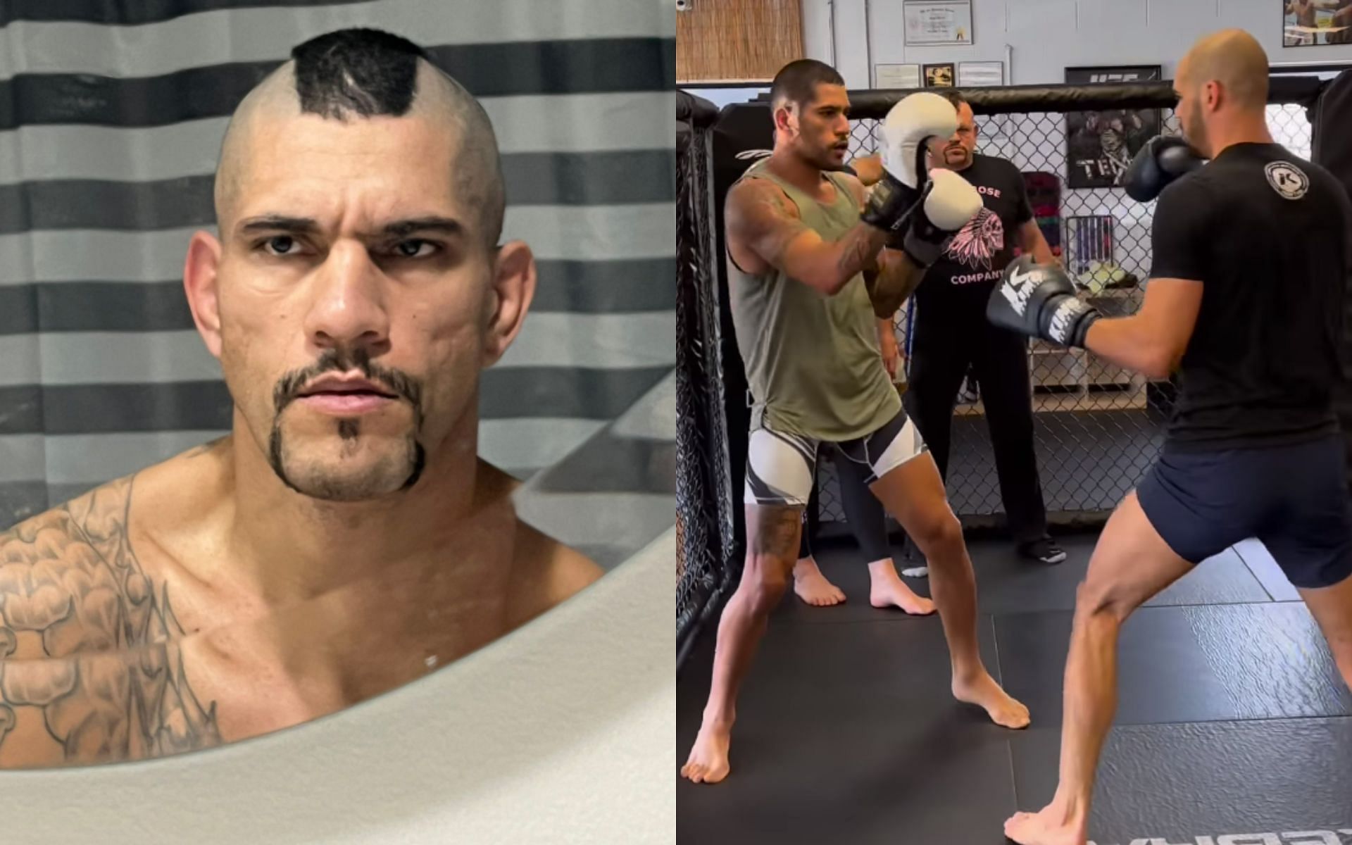 An image of Alex Pereira sporting the Chuck Liddell look (Left); Pereira training while Liddell guides him from the background (Right) [Image courtesy: left image via @AlexPereiraUFC Twitter; right image via @alexpoatanpereira Instagram]