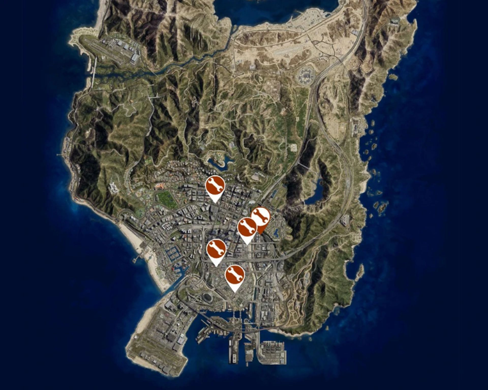 The five Auto Shops located around Los Santos County (Image via Rockstar Games)