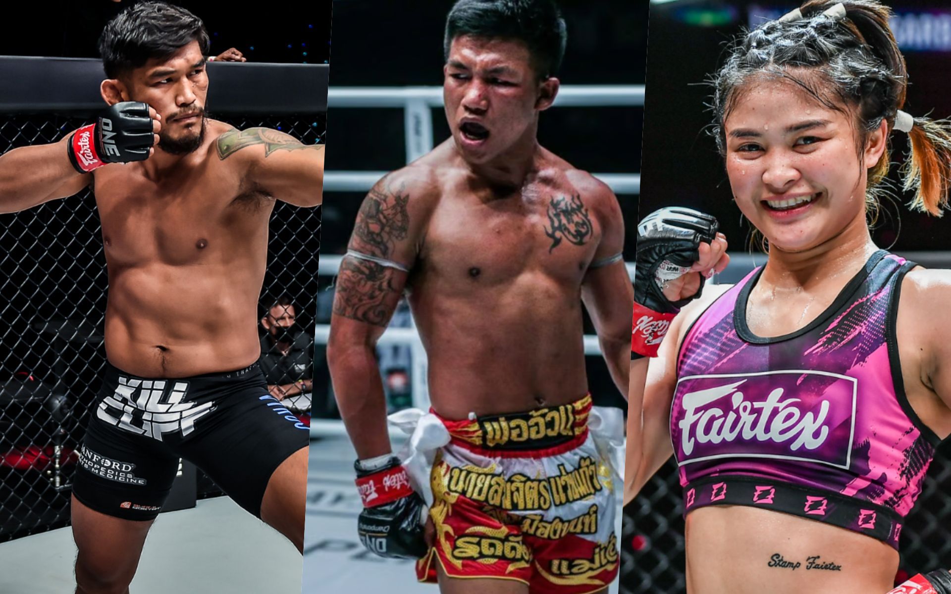 From left to right: Aung La N Sang, Rodtang Jitmuangnon, Stamp Fairtex. | Photo by ONE Championship