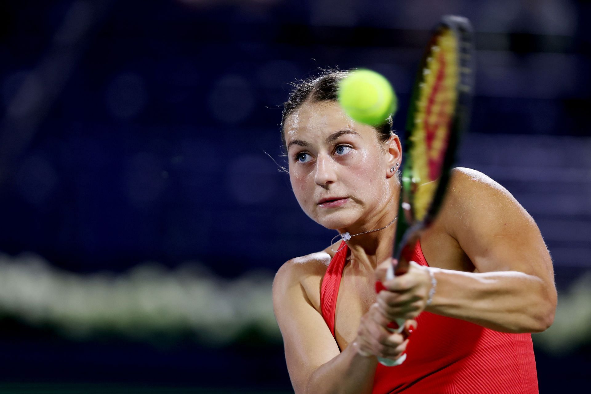 Kostyuk in action at the Dubai Tennis Championships