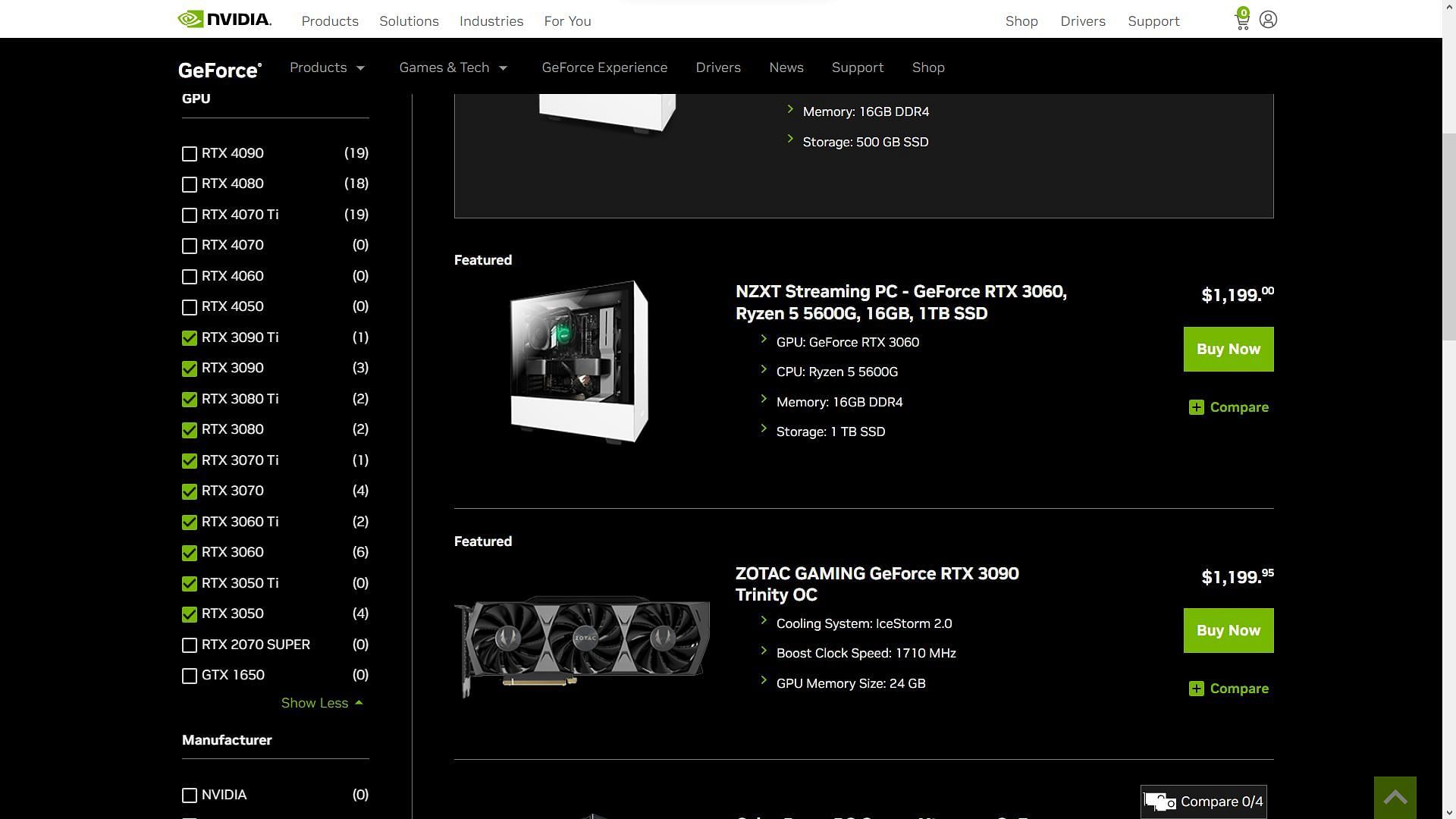 Nvidia&#039;s official website shows just pre-built PCs and add-in card models (Image via Nvidia)