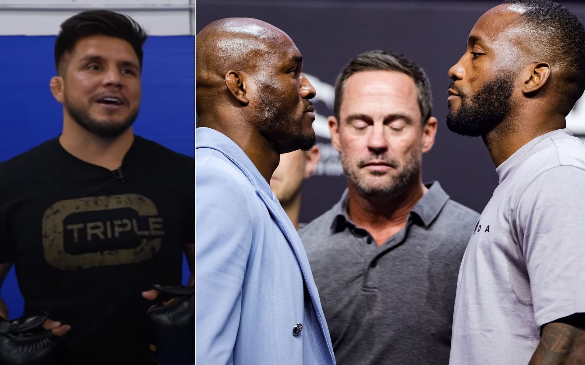 Henry Cejudo [Left], and Kamaru Usman and Leon Edwards faceoff [Right] [Photo credit: Henry Cejudo - YouTube]