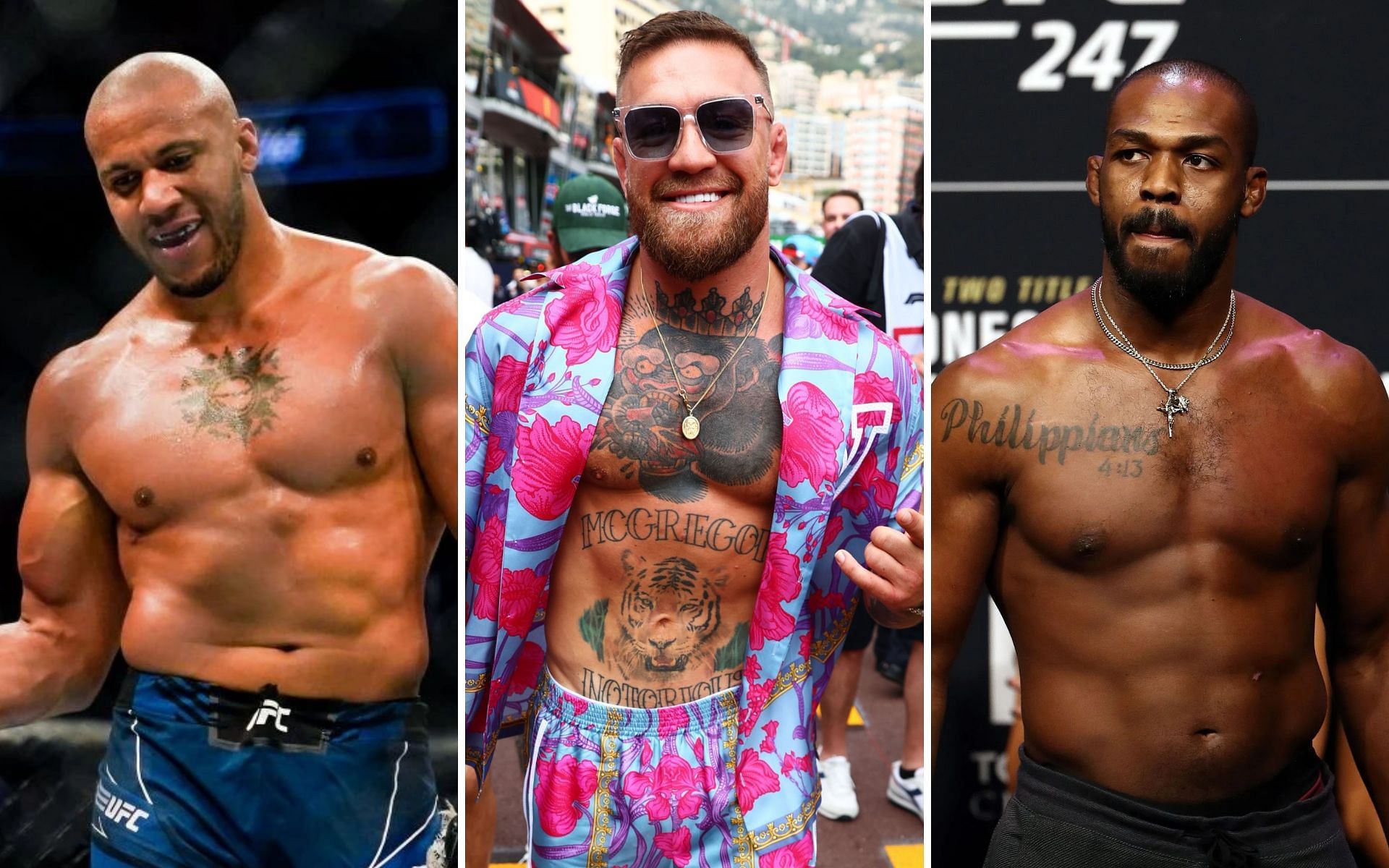 Ciryl Gane (Left), Conor McGregor (Middle), and Jon Jones (Right) 