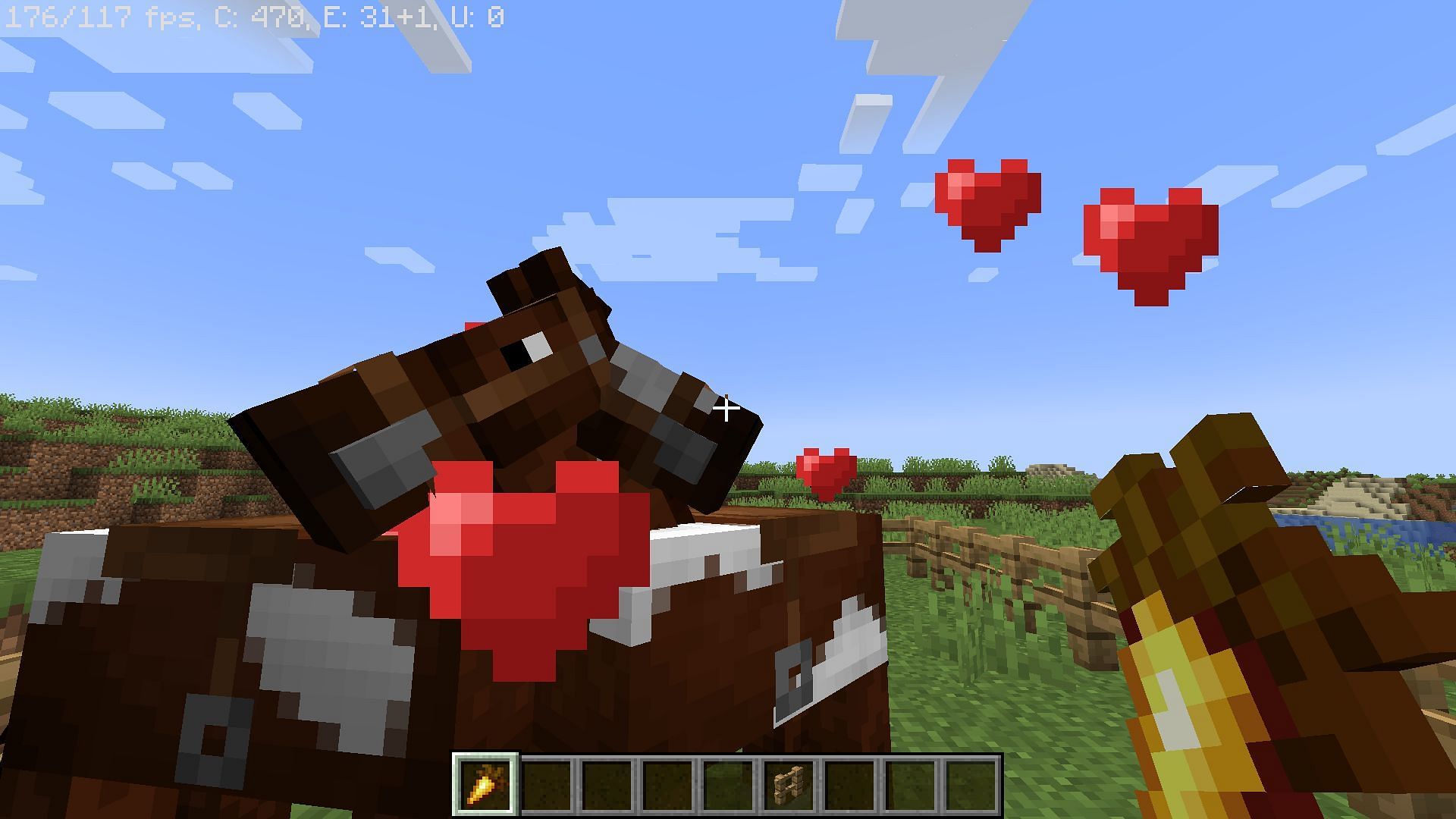 Horses breeding with each other after eating a golden carrot in Minecraft (Image via Mojang)
