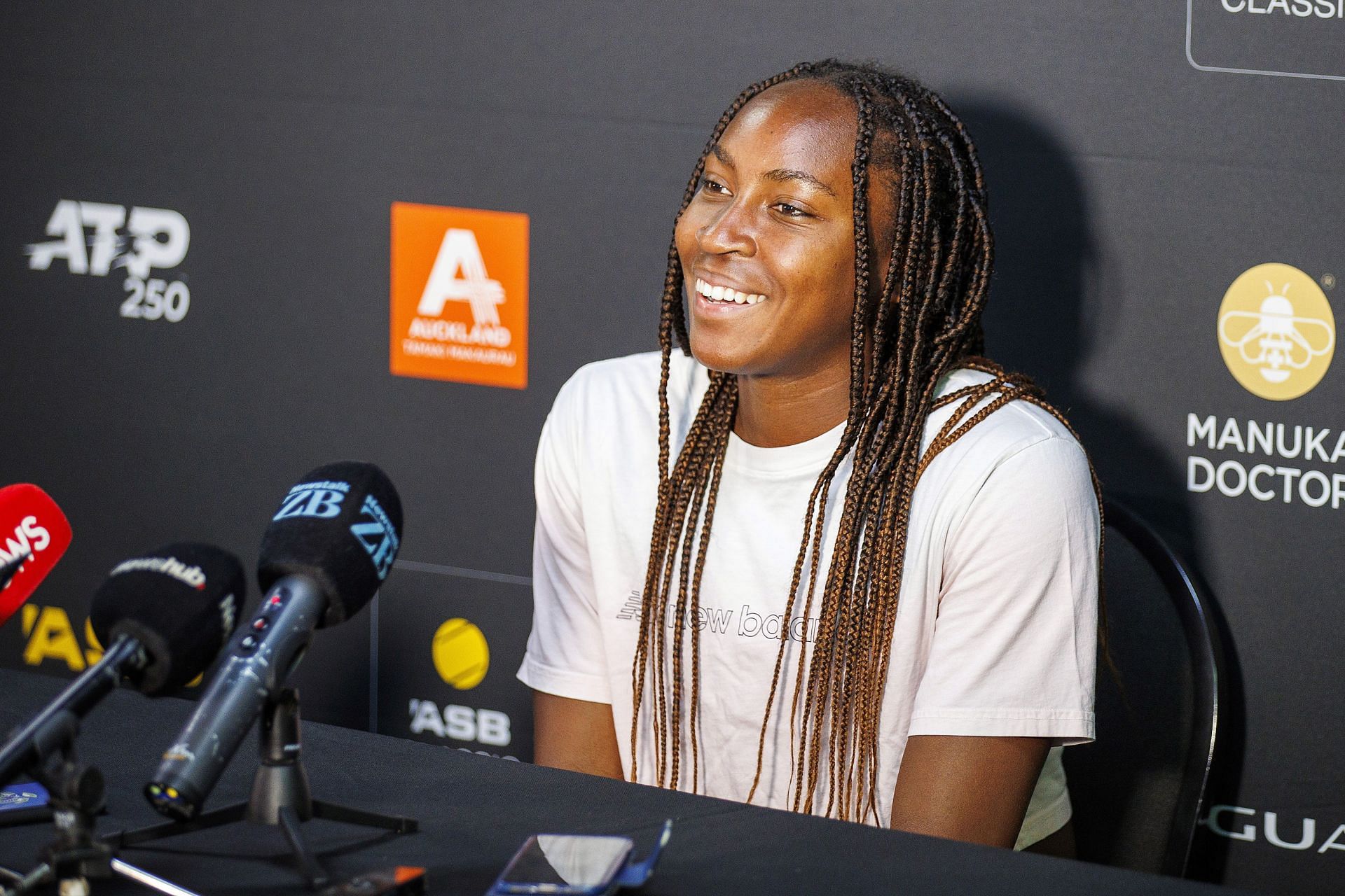 Coco Gauff speaking to the press