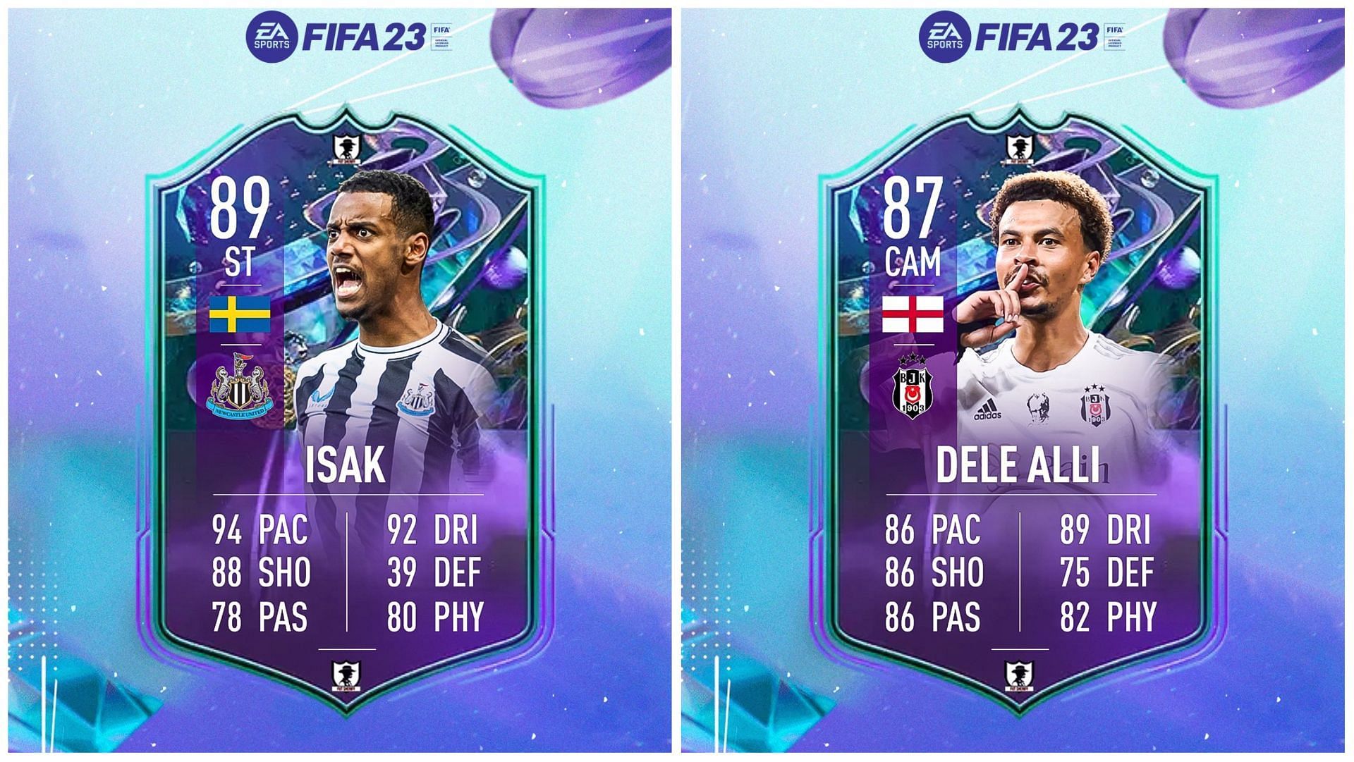 Alli and Isak have been leaked as Fantasy FUT cards (Images via Twitter/FUT Sheriff)