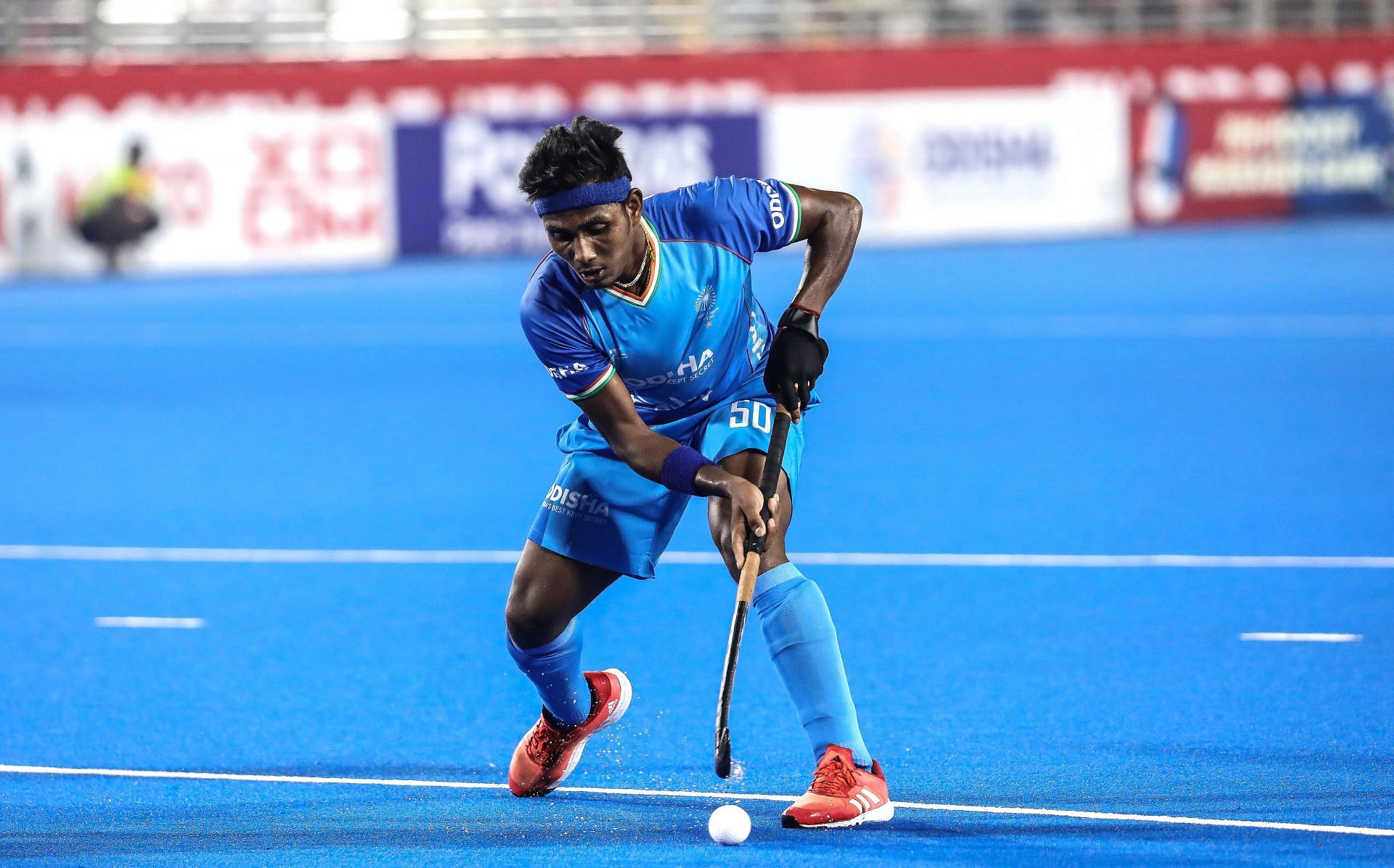 Selvam Karthi in action during Hockey Pro League match against Germany on Monday in Rourkela. Photo credit Hockey India.