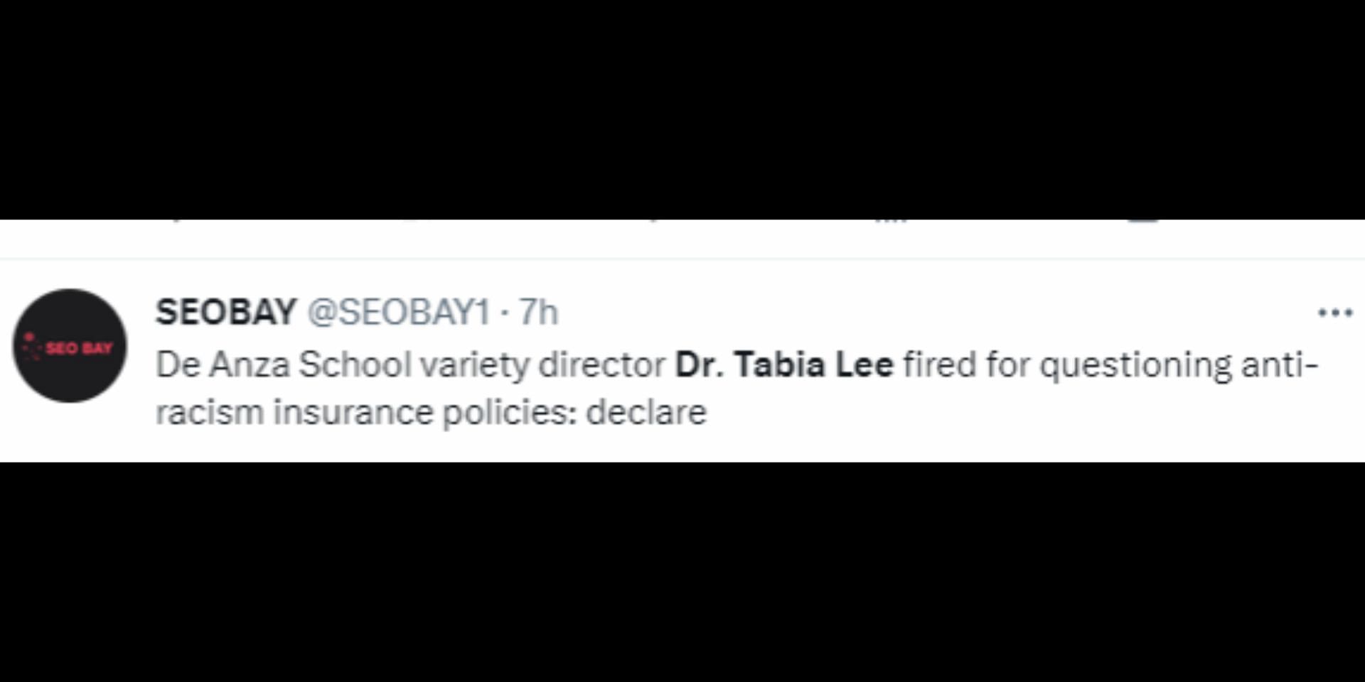 Dr Tabia Lee was fired from her job for questioning anti-racism policies. (Image via Twitter/@SEOBAY1)