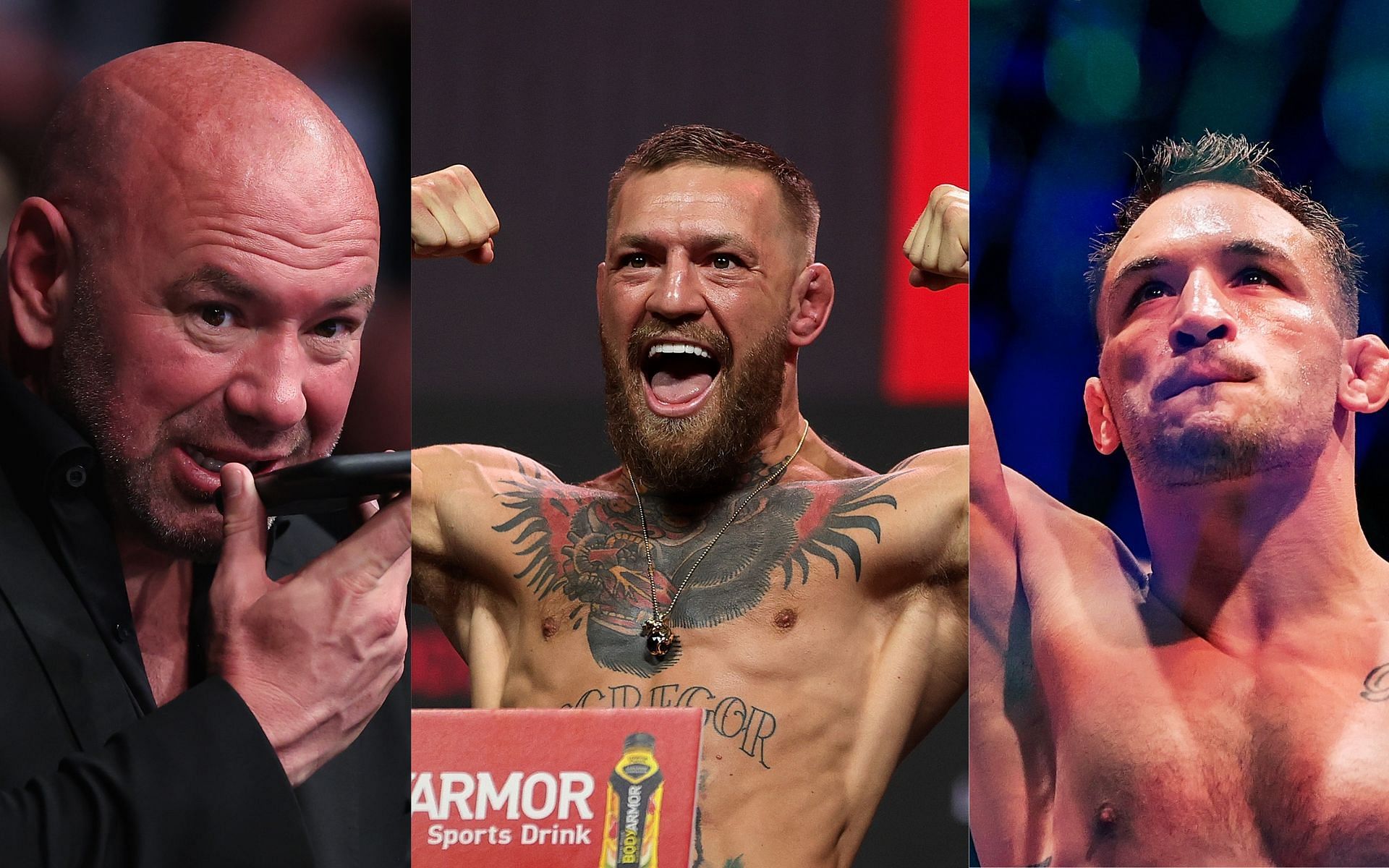 Dana White (left), Conor McGregor (center) and Michael Chandler (right) (Image credits Getty Images)