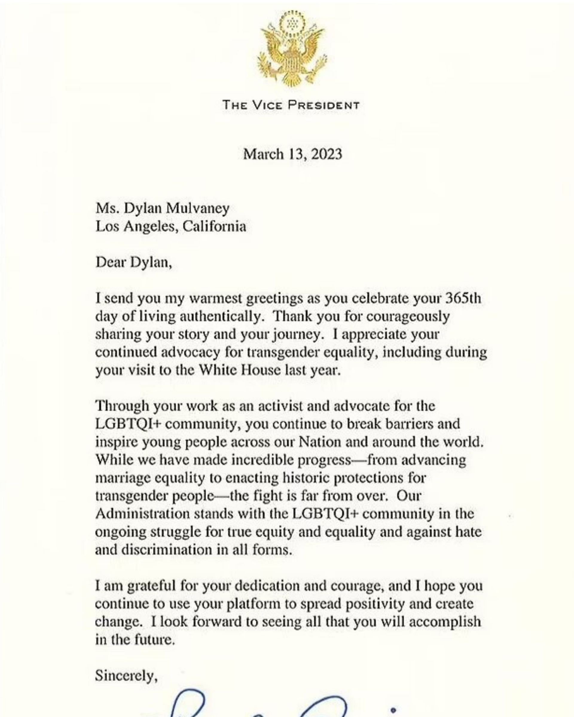 Kamala Harris&#039; letter to Dylan Mulvaney (Image via Instagram/@dylanmulvaney)