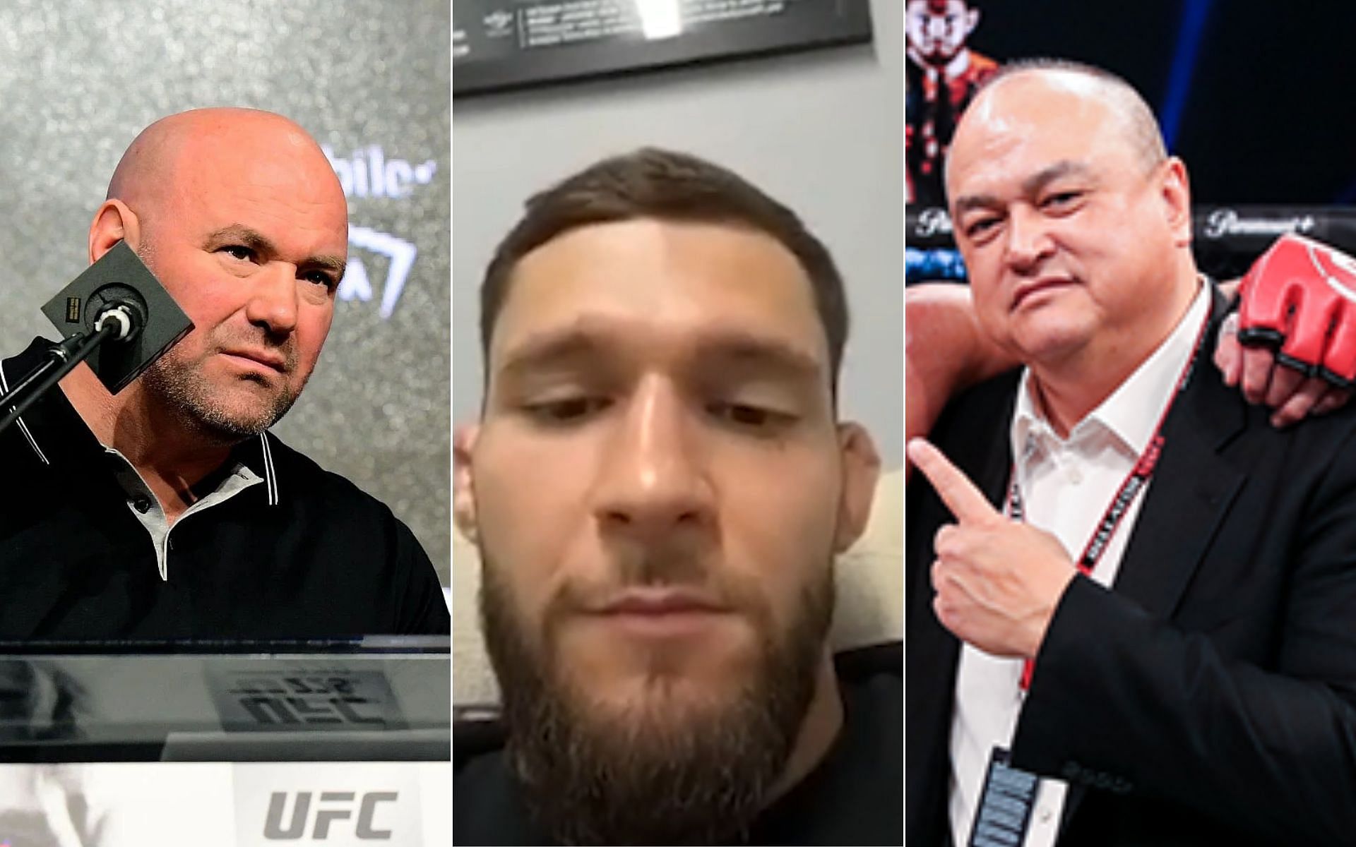 Dana White (Left), Alexandr Shabliy (Middle), and Scott Coker (Right) [Photo credit: Sportskeeda MMA Originals - YouTube, and Bellator MMA]