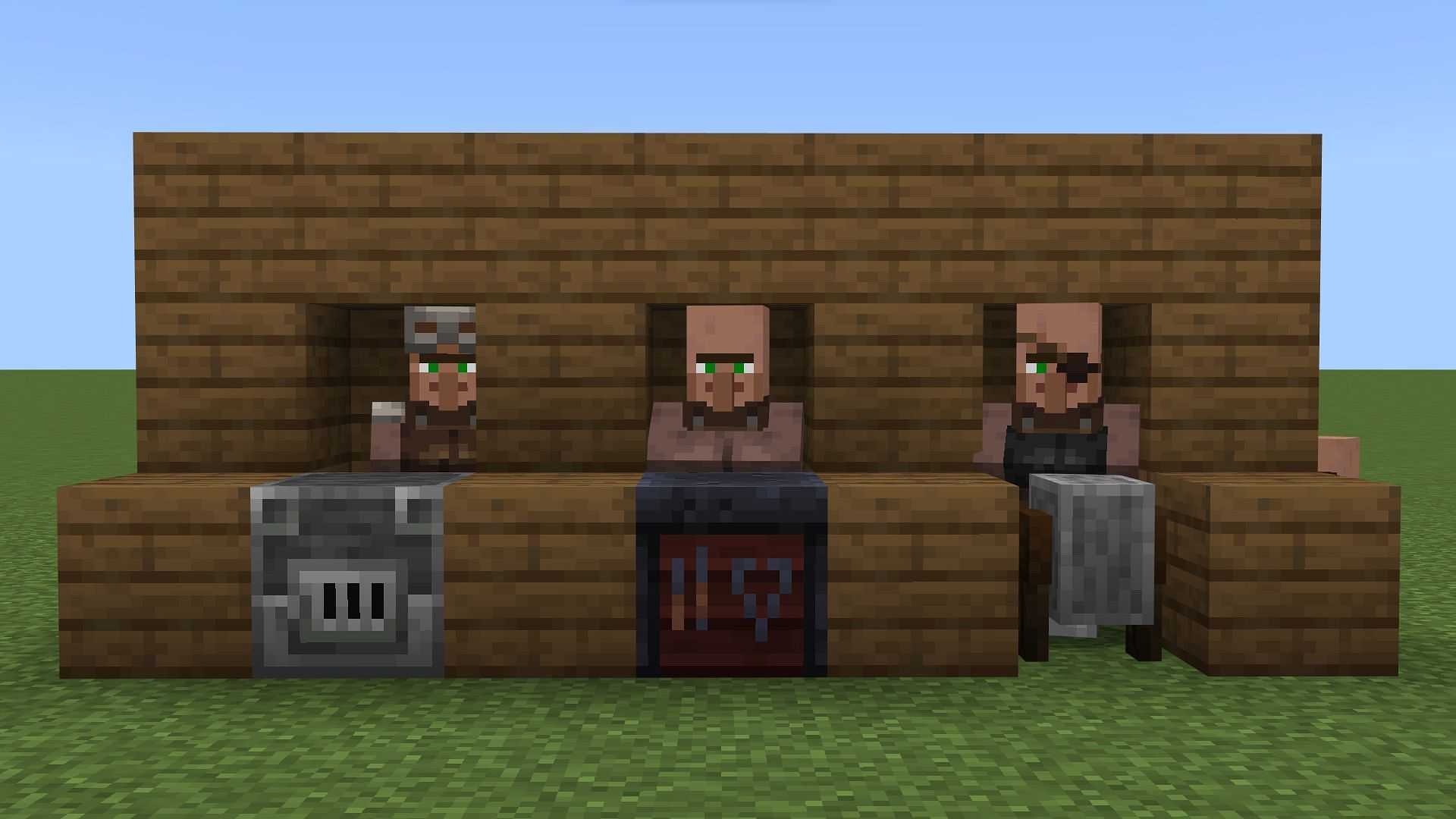 These three villagers trade different kinds of diamond tools, weapons, and armor parts in Minecraft Bedrock. (Image via Mojang)