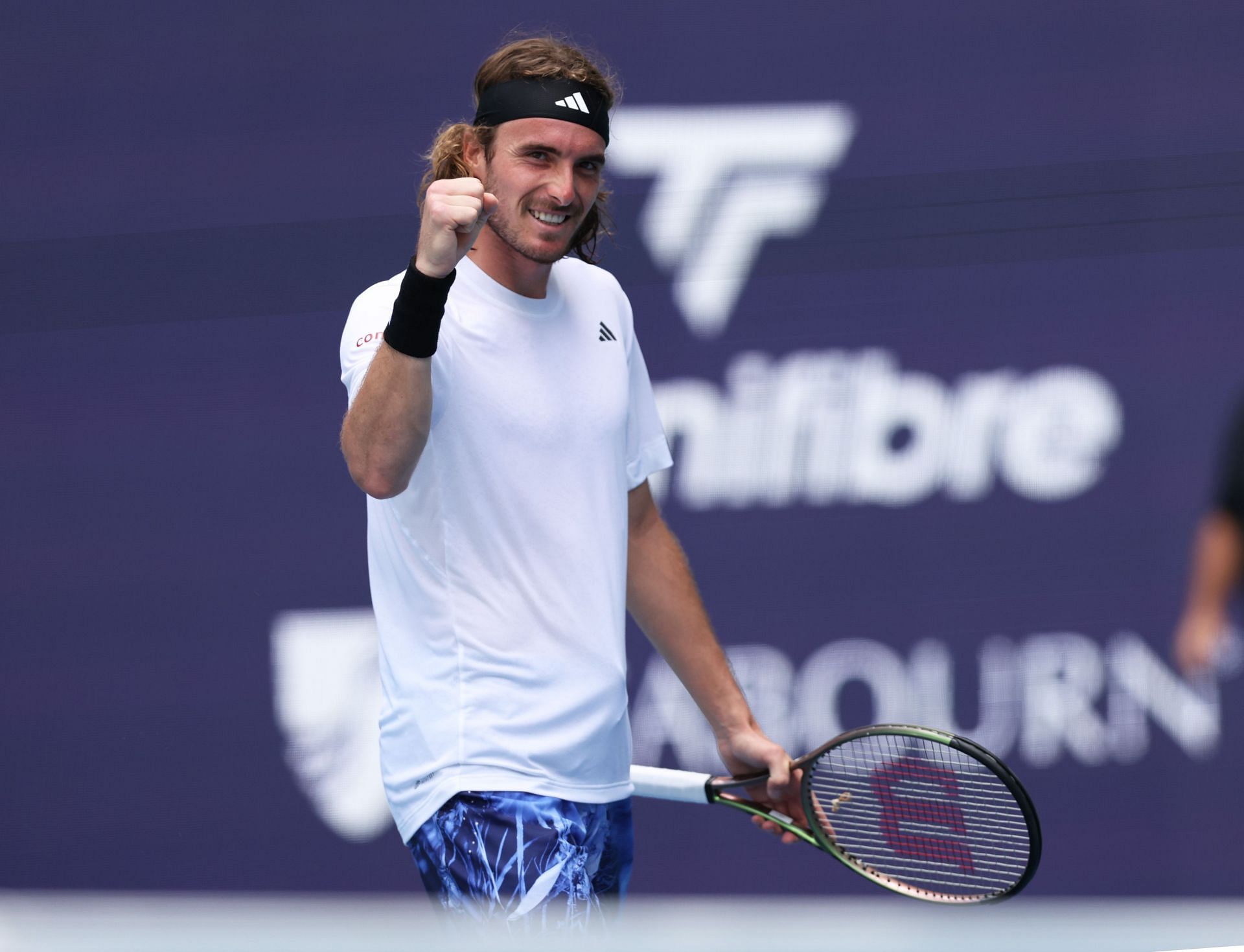 Stefanos Tsitsipas celebrates his victory over Cristian Garin in Miami