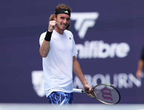 Stefanos Tsitsipas celebrates his victory over Cristian Garin in Miami