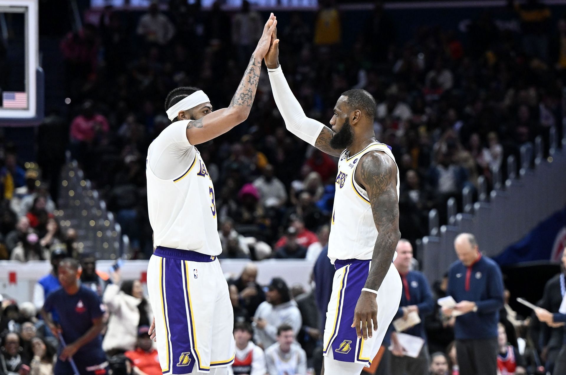 Anthony Davis, left, and LeBron James of the LA Lakers
