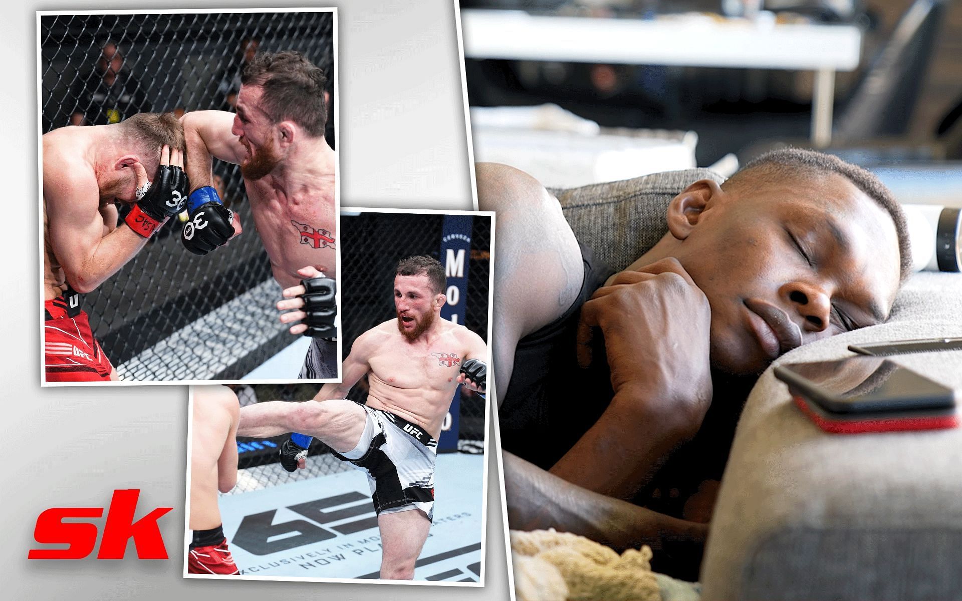 Israel Adesanya falls asleep while watching Petr Yan vs. Merab Dvalishvili [Images via:  FREESTYLEBENDER on YouTube, @ufc on Instagram]