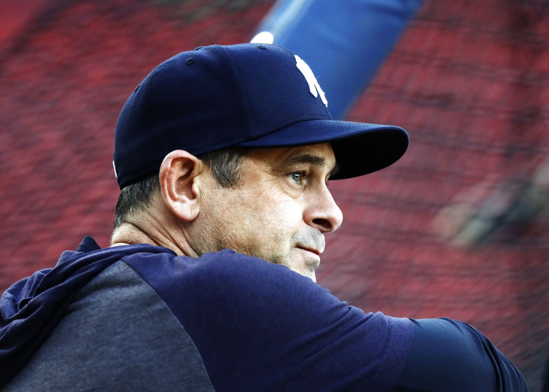 Manager Aaron Boone of the New York Yankees looks on before the game between the Boston Red Sox and the New York Yankees at Fenway Park