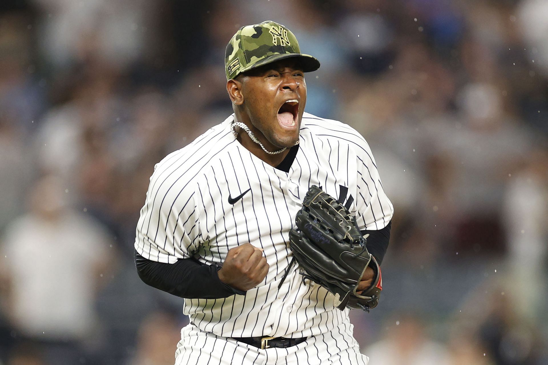 Luis Severino #40 of the New York Yankees reacts after pitching during the fifth inning of Game Two of a doubleheader against the Chicago White Sox at Yankee Stadium on May 22, 2022 in the Bronx borough of New York City.