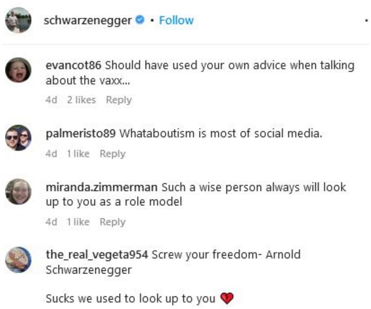 Screengrab of Arnold Schwarzenegger&#039;s Instagram comment section
