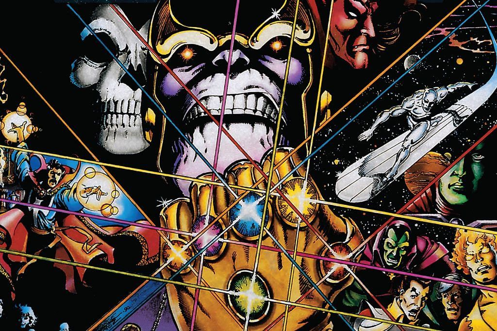 Thanos holding the Infinity Gauntlet, with the assembled heroes of the Marvel Universe standing against him (Image via Marvel Comics)
