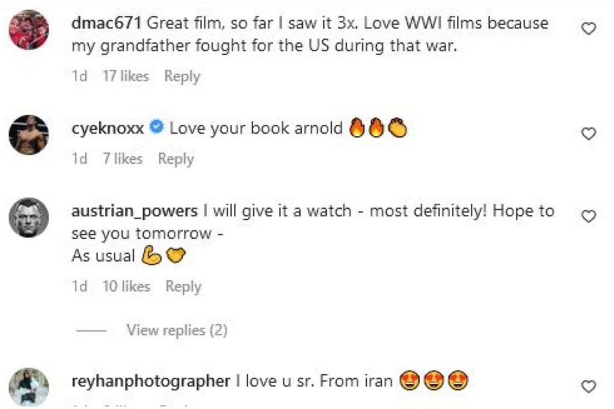 Screengrab of Schwarzenegger&#039;s Instagram comment section