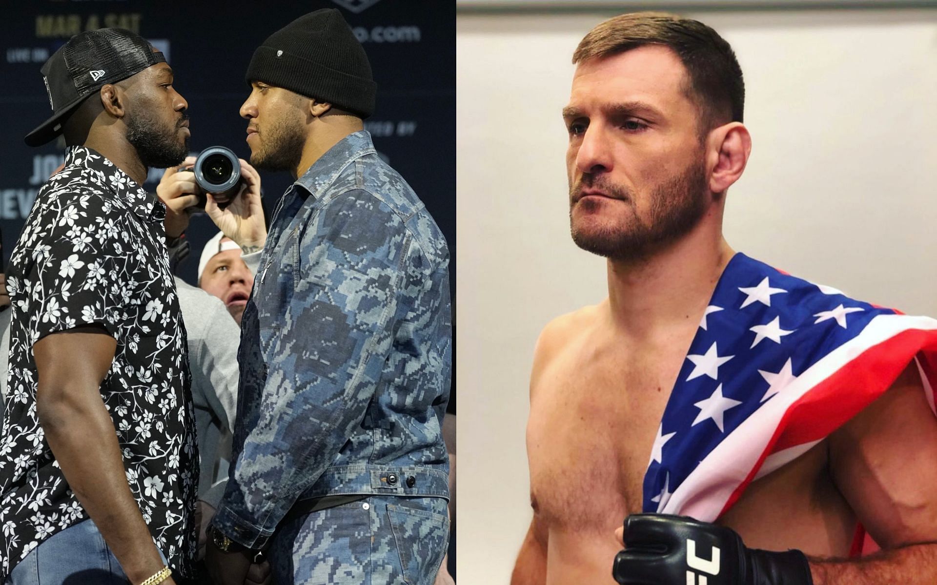 Jones vs Gane [Left] Stipe Miocic [Right] [Image courtesy: @ciryl_gane and @stipemiocic (Twitter)]