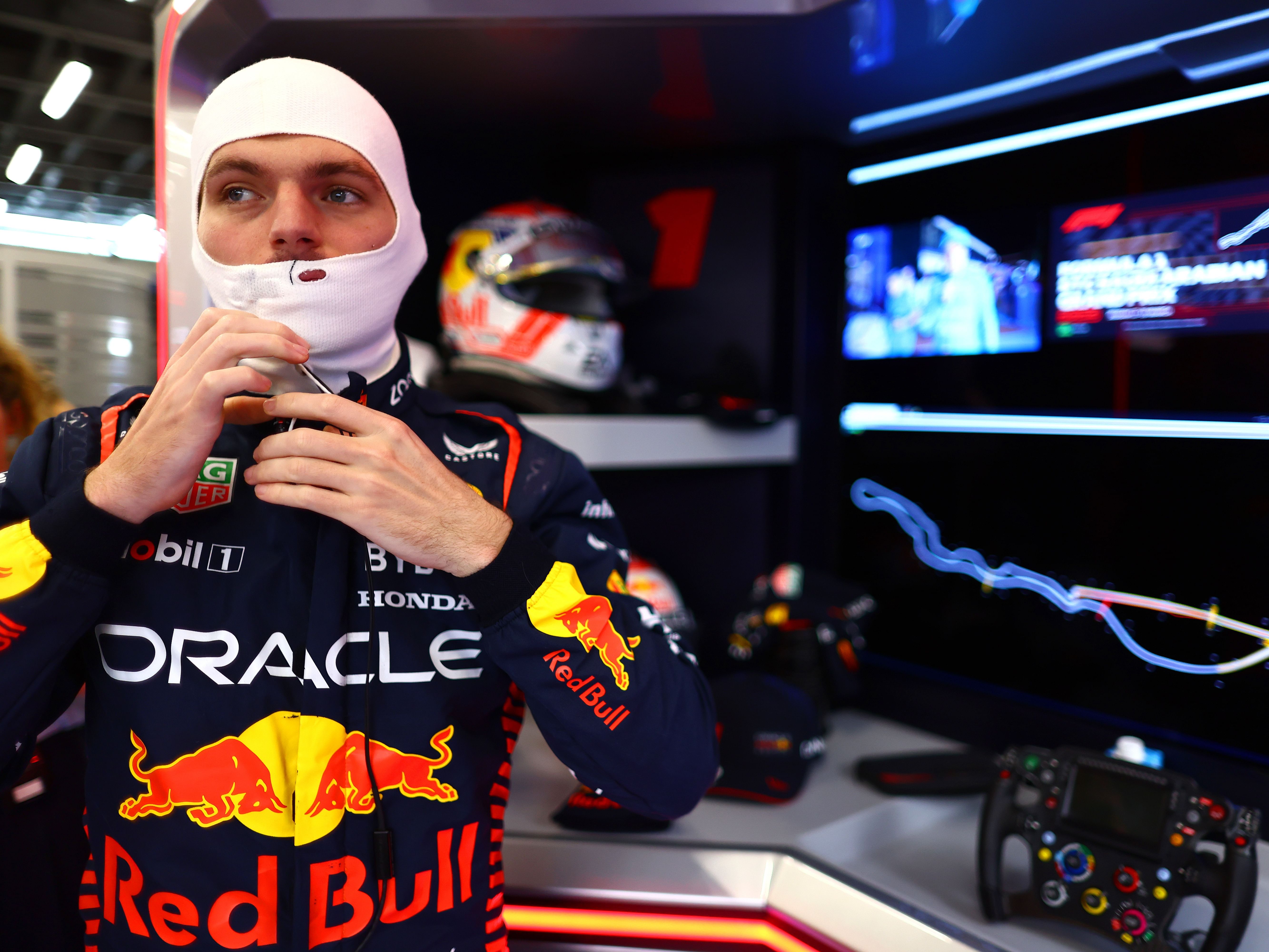 Max Verstappen prepares to drive in the garage during qualifying ahead of the 2023 F1 Saudi Arabian Grand Prix (Photo by Mark Thompson/Getty Images)