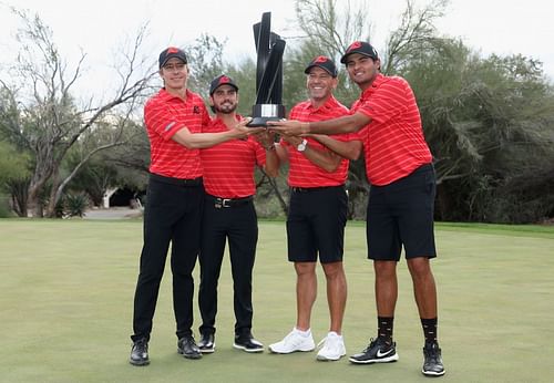 Carlos Ortiz, Abraham Ancer, captain Sergio Garcia, and Eugenio Chacarra of Fireballs GC pose with the trophy at LIV Golf Tucson event