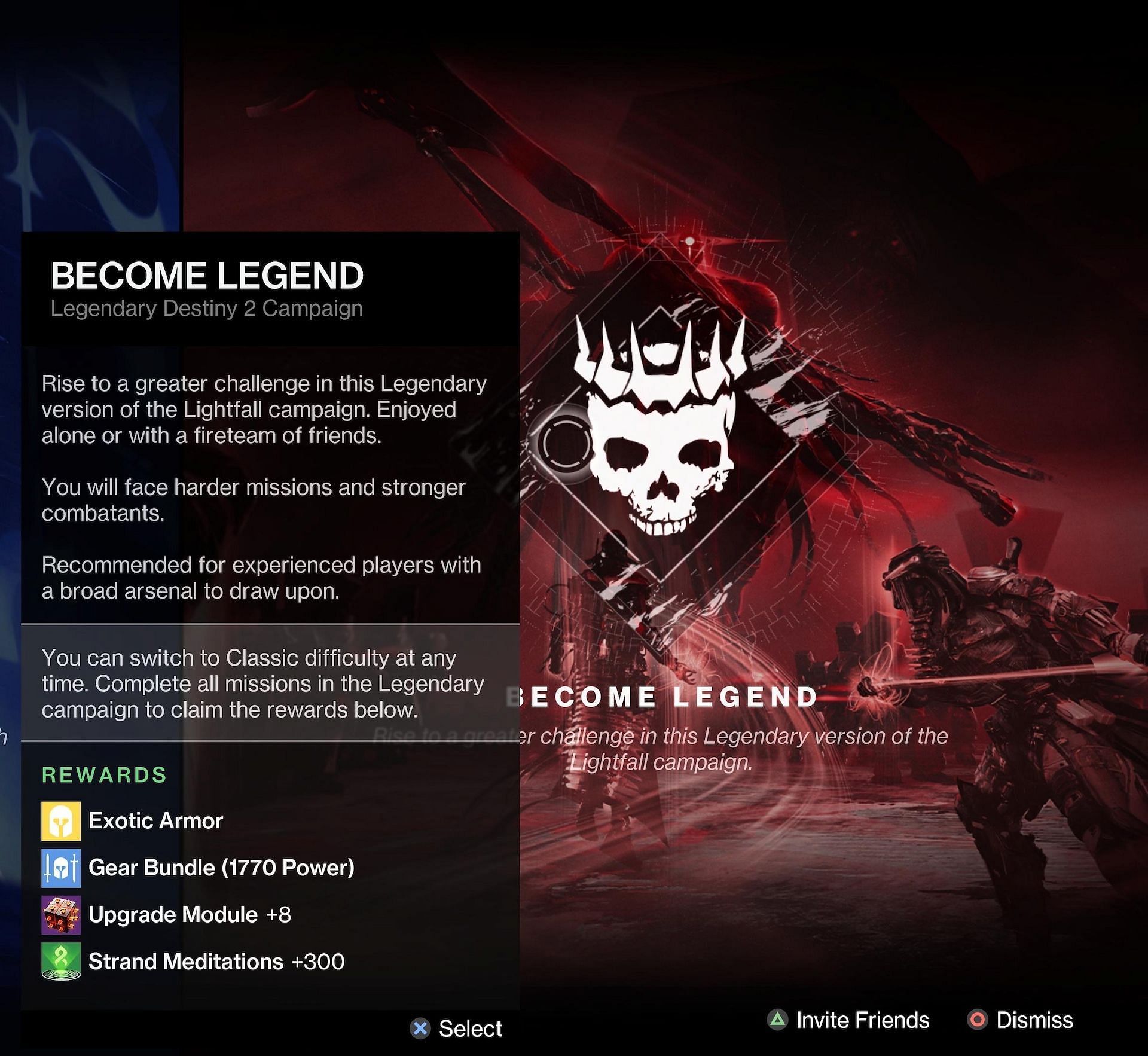 Become Legend is the hardest difficulty setting (Image via Bungie)