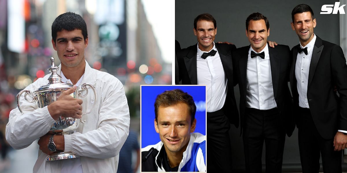 Carlos Alcaraz (L), Nadal, Federer and Djokovic (R), Daniil Medvedev (inset)