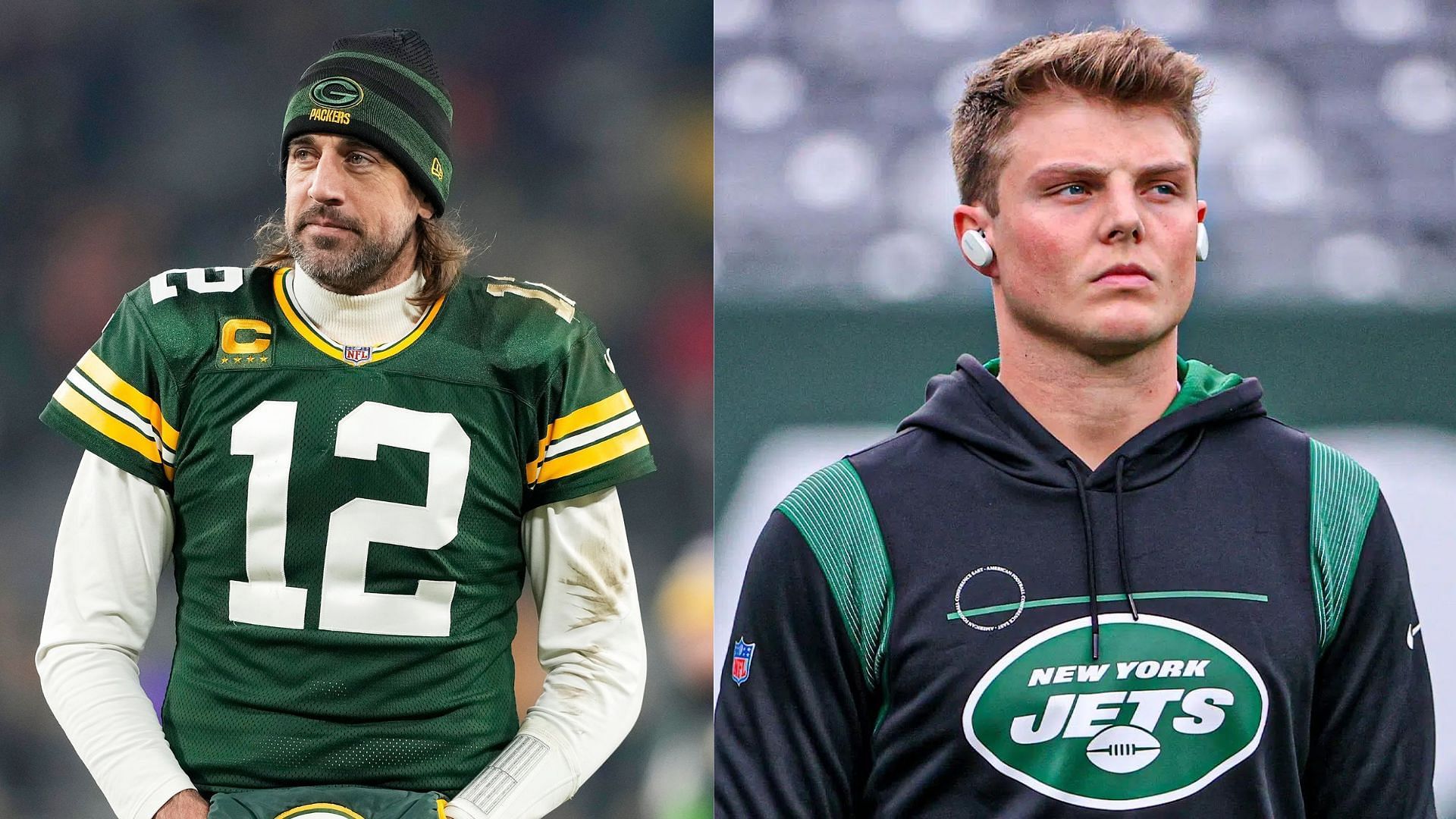 Packers QB Aaron Rodgers (l) and Jets QB Zach Wilson (r)