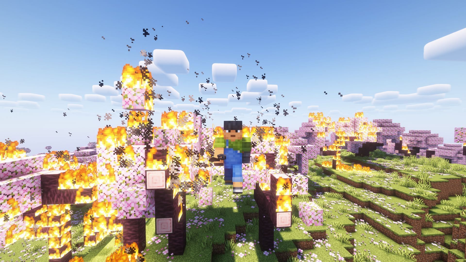 Forest fire in the new cherry groves biome (Image via Mojang)