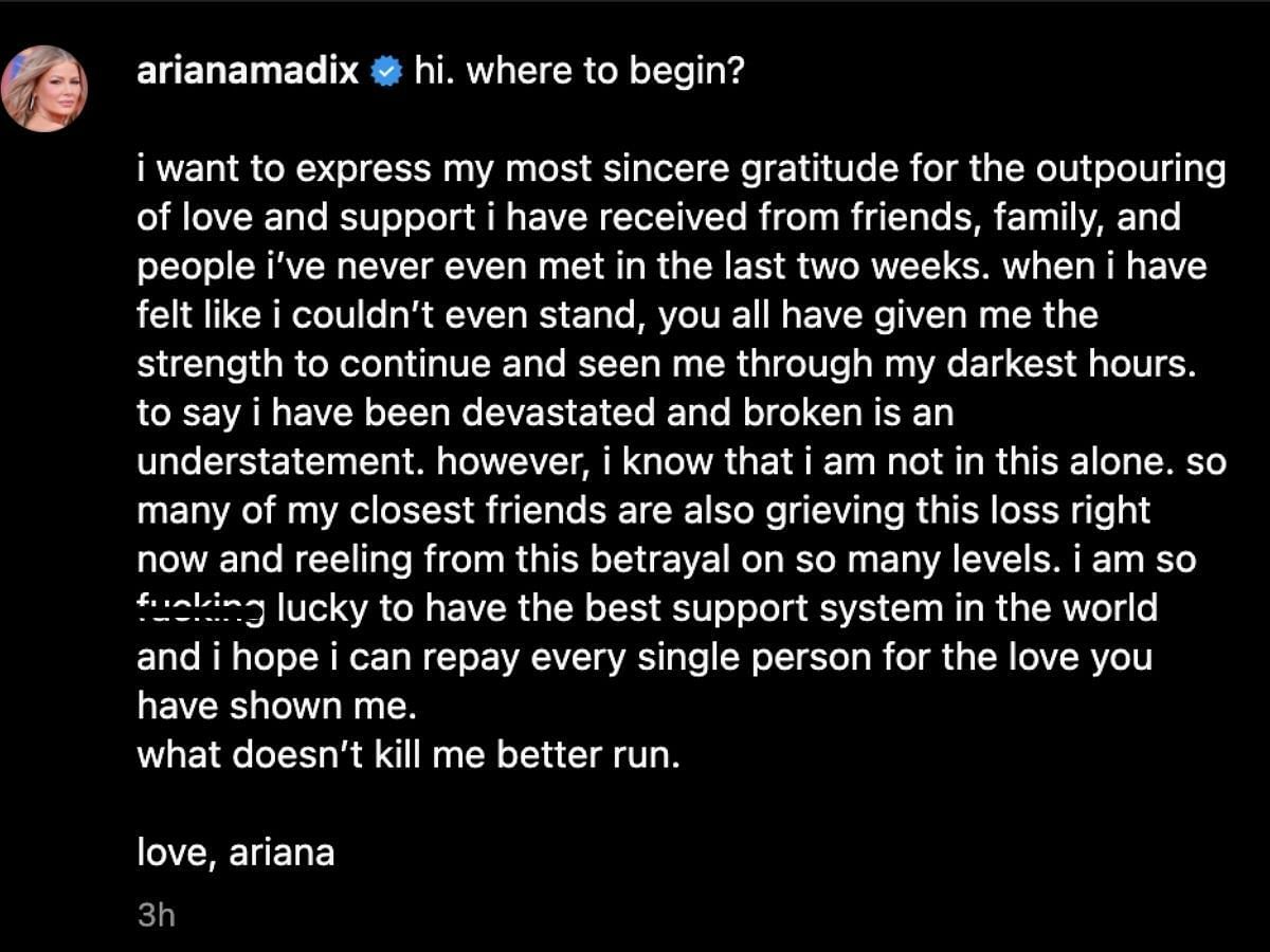 Ariana Madix breaks her silence about Tom Sandoval (Image via Instagram/@arianamadix)