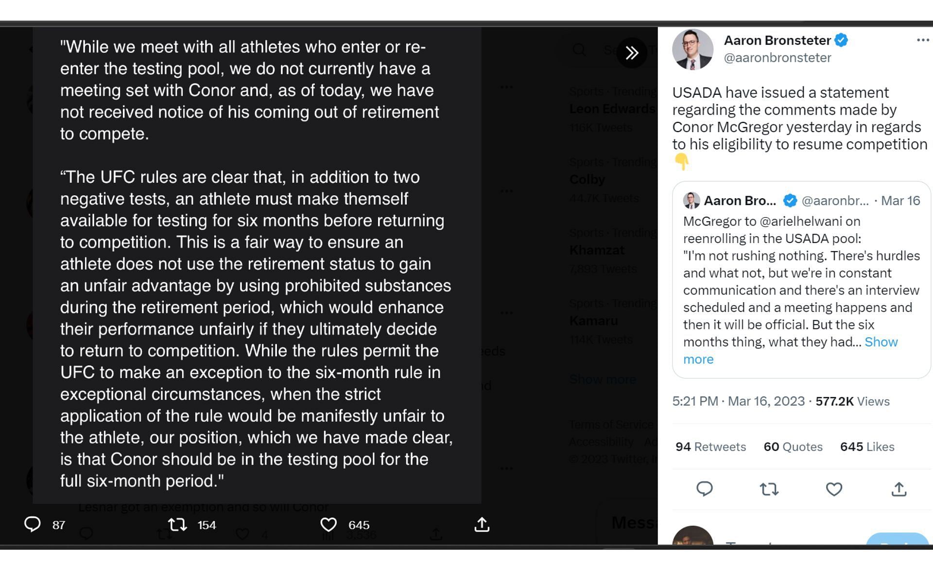 Screenshot of MMA journalist Aaron Bronsteter&#039;s tweet about USADA&#039;s recent statement [Image courtesy: @aaronbronsteter on Twitter]