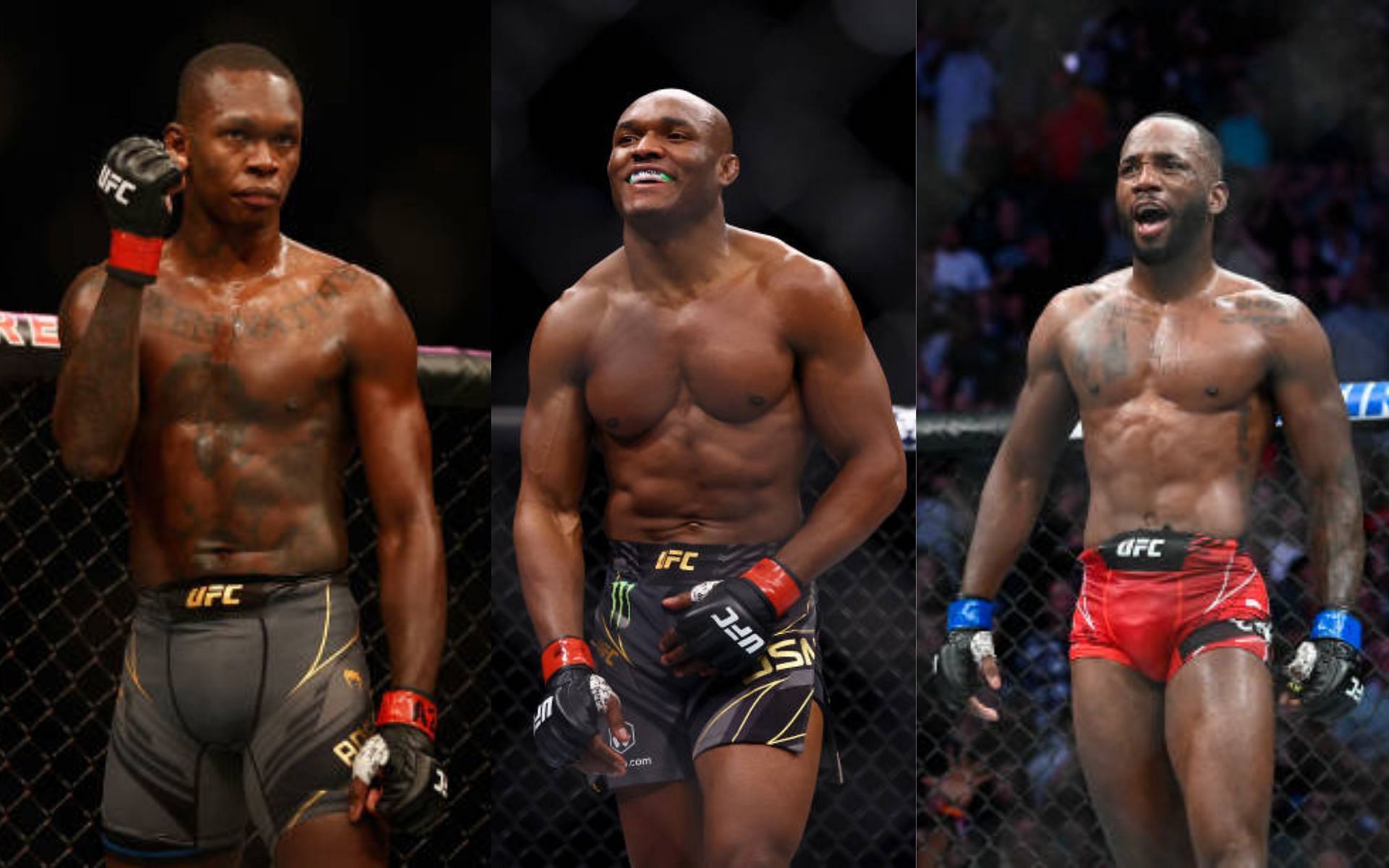 From left to right: Israel Adesanya, Kamaru Usman, and Leon Edwards