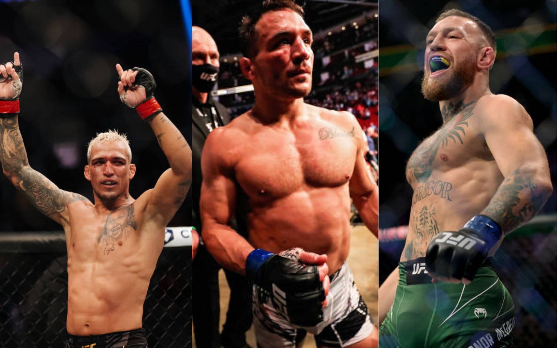 From left to right: Charles Oliveira, Michael Chandler, and Conor McGregor